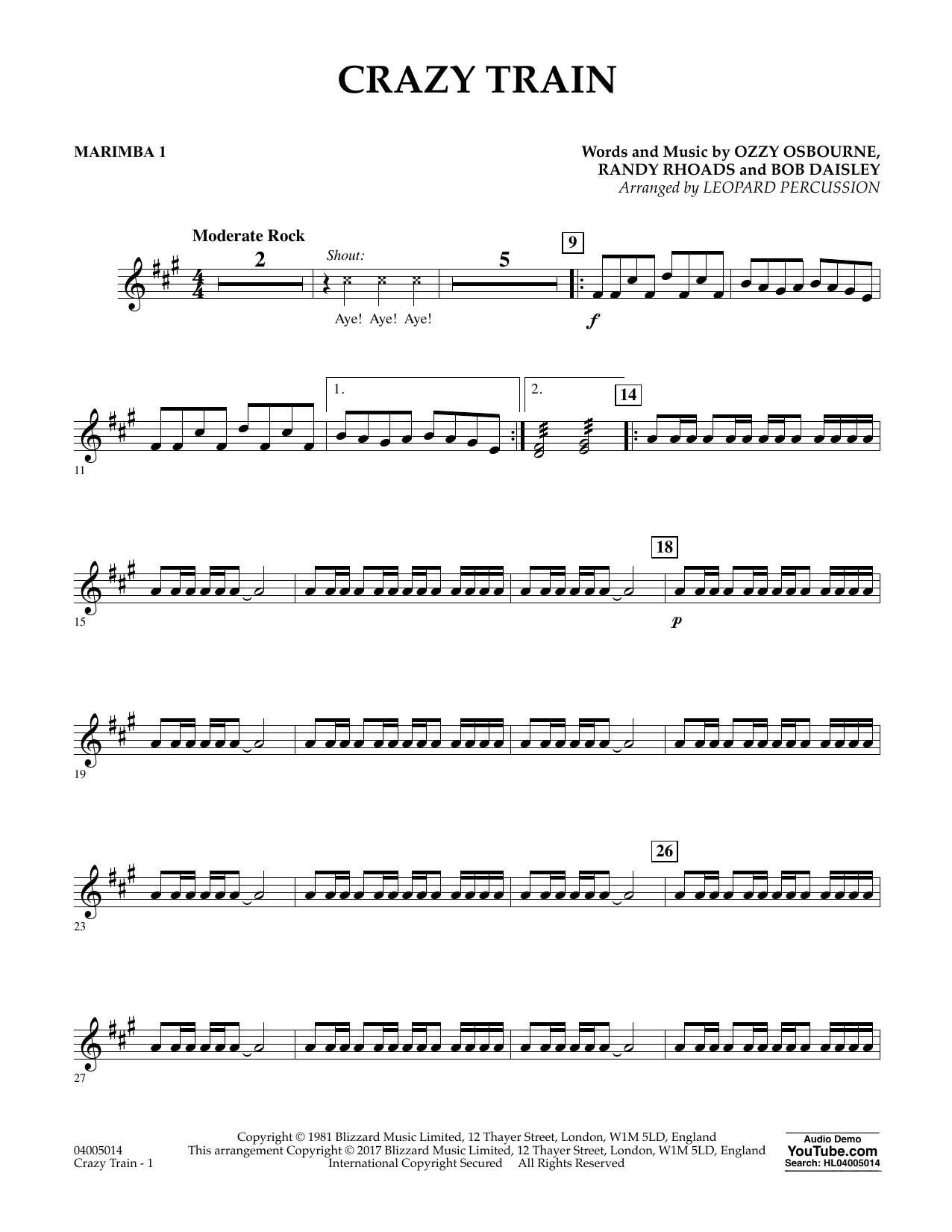 Diane Downs Crazy Train Marimba 1 Sheet Music Download Printable Pdf Pop Music Score For Concert Band 361659