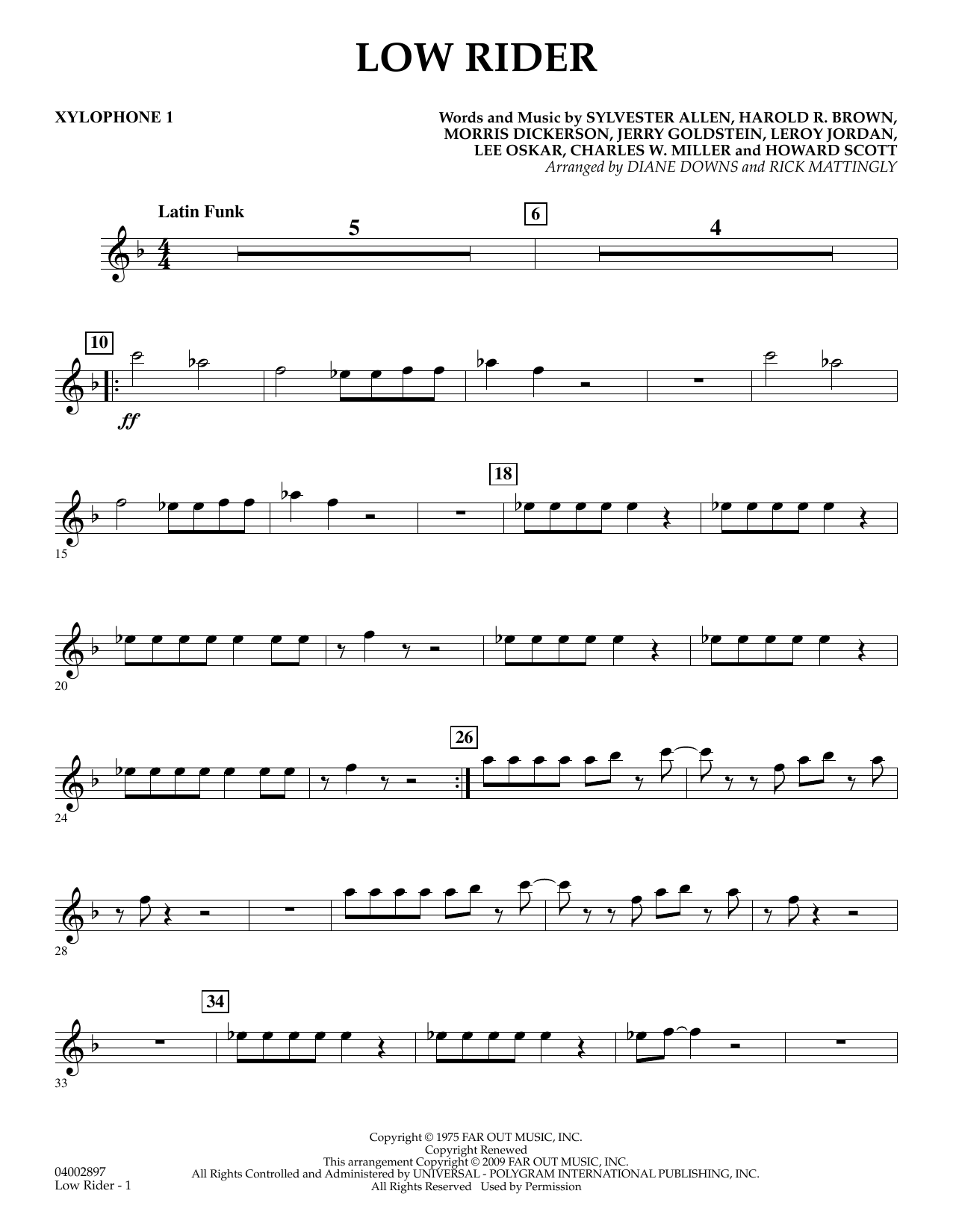 Learn to play Diane Downs Low Rider - Xylophone 1 sheet music for Concert Band in minutes. Diane Downs Low Rider - Xylophone 1 sheet music preview music notes and score for Concert Band including 2 page(s)