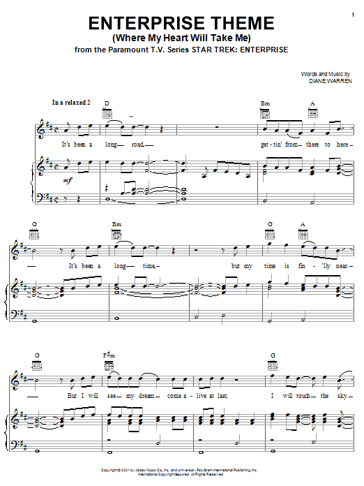 Learn to play Diane Warren Enterprise Theme (Where My Heart Will Take Me) sheet music for Easy Piano in minutes. Diane Warren Enterprise Theme (Where My Heart Will Take Me) sheet music preview music notes and score for Easy Piano including 4 page(s)