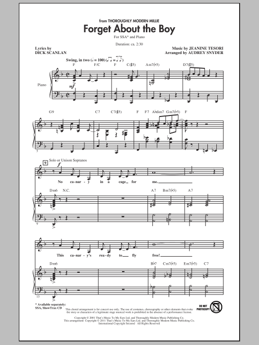 Audrey Snyder Forget About The Boy sheet music, chords, lyrics - Printable PDF for SSA