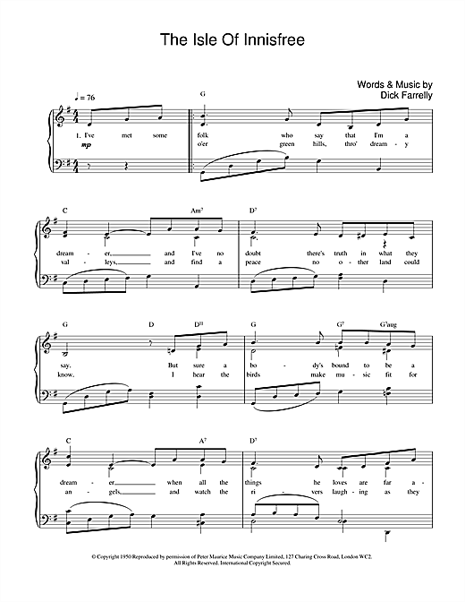 Learn to play Dick Farrelly The Isle Of Innisfree sheet music for Piano, Vocal & Guitar (Right-Hand Melody) in minutes. Dick Farrelly The Isle Of Innisfree sheet music notes and chords