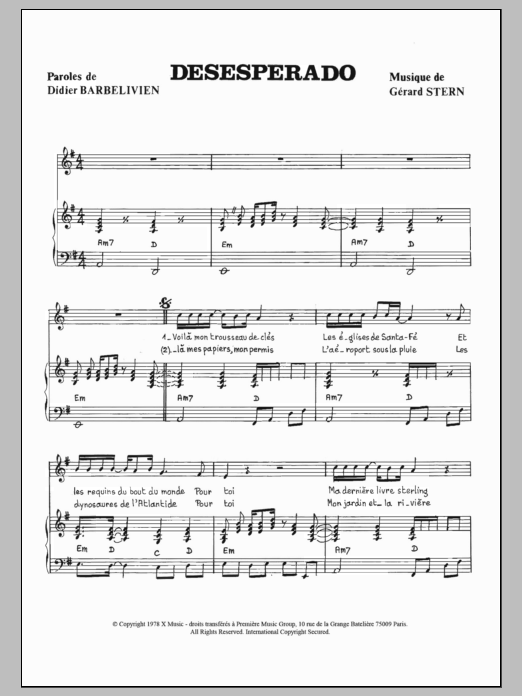 Didier Barbelivien Desperado sheet music preview music notes and score for Piano & Vocal including 3 page(s)