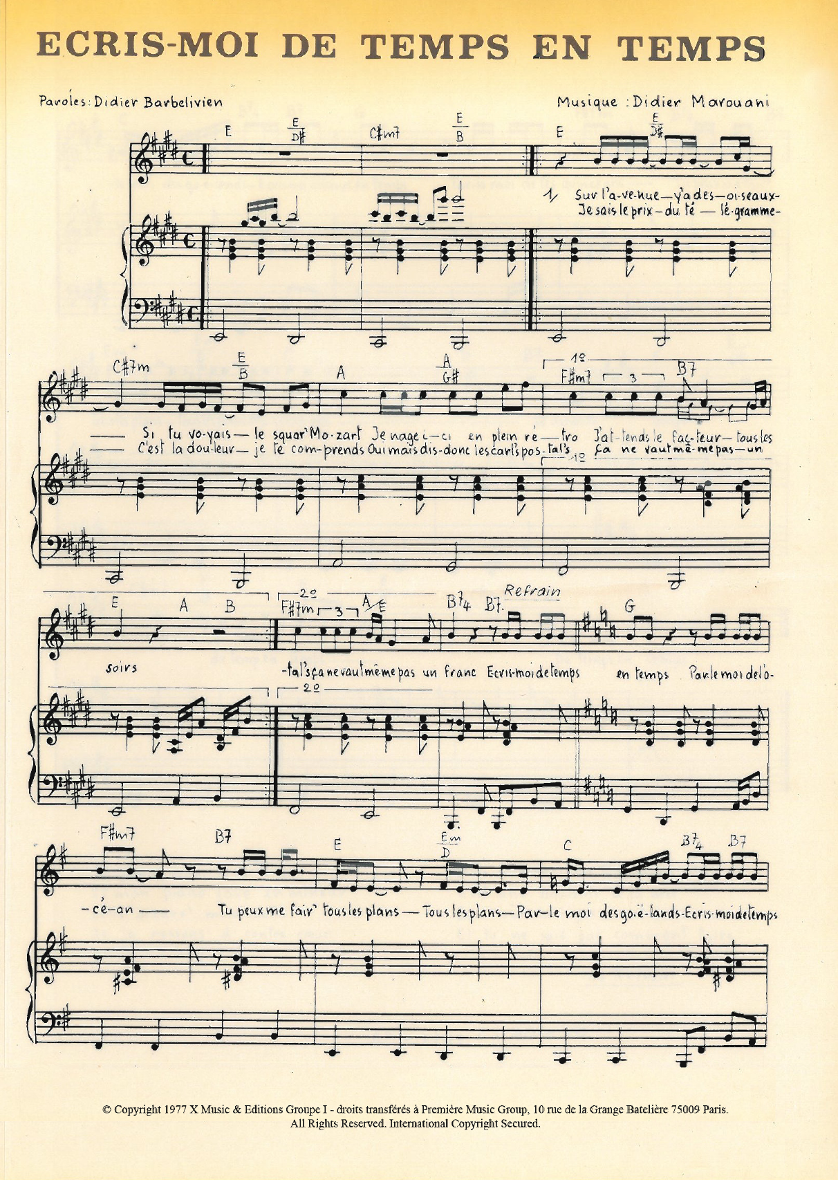 Didier Marouani Ecris Moi De Temps En Temps sheet music preview music notes and score for Piano & Vocal including 3 page(s)