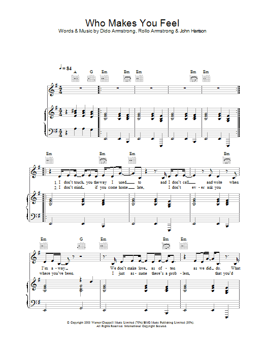 Learn to play Dido Who Makes You Feel sheet music for Melody Line, Lyrics & Chords in minutes. Dido Who Makes You Feel sheet music preview music notes and score for Melody Line, Lyrics & Chords including 2 page(s)