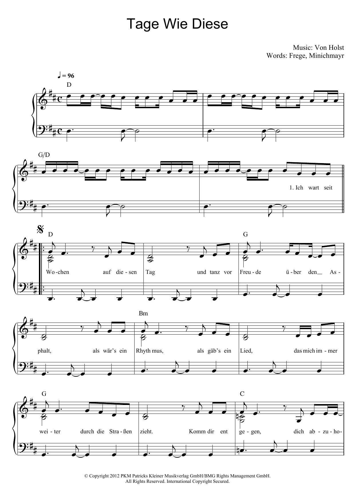 Die Toten Hosen Tage Wie Diese sheet music, chords, lyrics - Printable PDF for Piano & Vocal