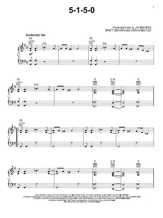 Learn to play Dierks Bentley 5-1-5-0 sheet music for Piano, Vocal & Guitar (Right-Hand Melody) in minutes. Dierks Bentley 5-1-5-0 sheet music preview music notes and score for Piano, Vocal & Guitar (Right-Hand Melody) including 7 page(s)
