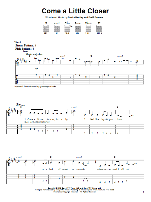 Learn to play Dierks Bentley Come A Little Closer sheet music for Easy Guitar Tab in minutes. Dierks Bentley Come A Little Closer sheet music preview music notes and score for Easy Guitar Tab including 4 page(s)