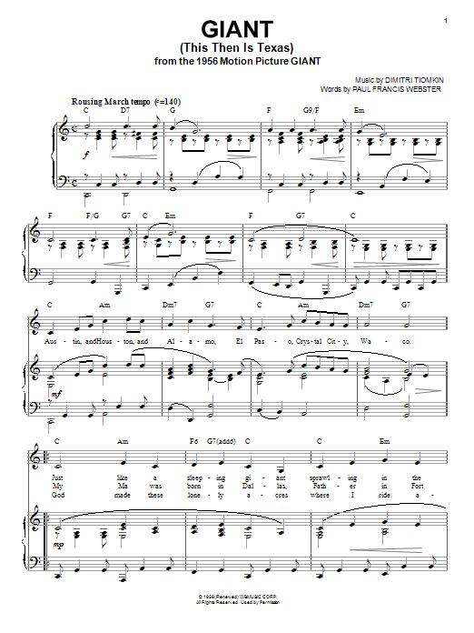 Learn to play Dimitri Tiomkin Giant (This Then Is Texas) sheet music for Piano, Vocal & Guitar (Right-Hand Melody) in minutes. Dimitri Tiomkin Giant (This Then Is Texas) sheet music preview music notes and score for Piano, Vocal & Guitar (Right-Hand Melody) including 3 page(s)
