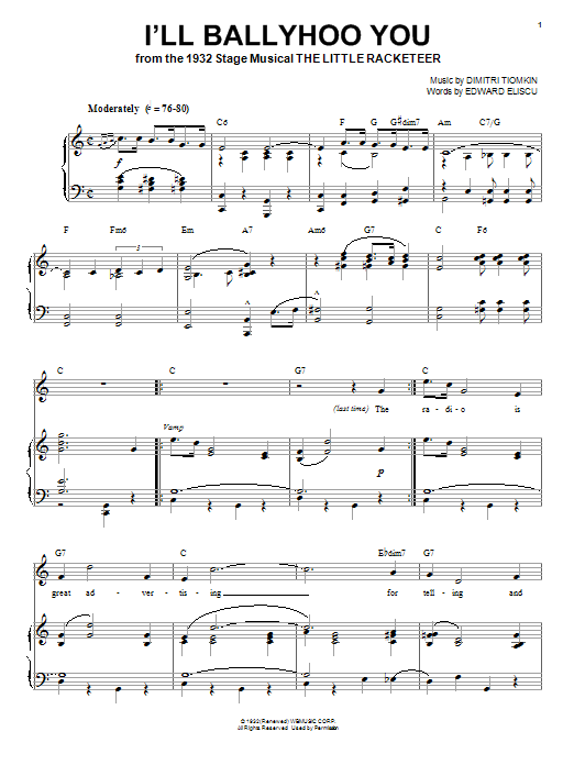 Learn to play Dimitri Tiomkin I'll Ballyhoo You sheet music for Piano, Vocal & Guitar (Right-Hand Melody) in minutes. Dimitri Tiomkin I'll Ballyhoo You sheet music preview music notes and score for Piano, Vocal & Guitar (Right-Hand Melody) including 5 page(s)
