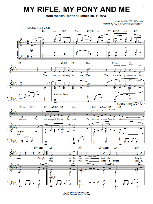 Learn to play Dimitri Tiomkin My Rifle, My Pony And Me sheet music for Piano, Vocal & Guitar (Right-Hand Melody) in minutes. Dimitri Tiomkin My Rifle, My Pony And Me sheet music preview music notes and score for Piano, Vocal & Guitar (Right-Hand Melody) including 2 page(s)