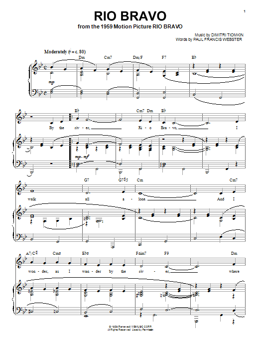 Learn to play Dimitri Tiomkin Rio Bravo sheet music for Piano, Vocal & Guitar (Right-Hand Melody) in minutes. Dimitri Tiomkin Rio Bravo sheet music preview music notes and score for Piano, Vocal & Guitar (Right-Hand Melody) including 4 page(s)