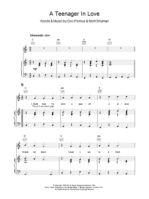 Download Dion & The Belmonts A Teenager In Love sheet music notes and chords for Piano, Vocal & Guitar (Right-Hand Melody) - Download Printable PDF and start playing in minutes.