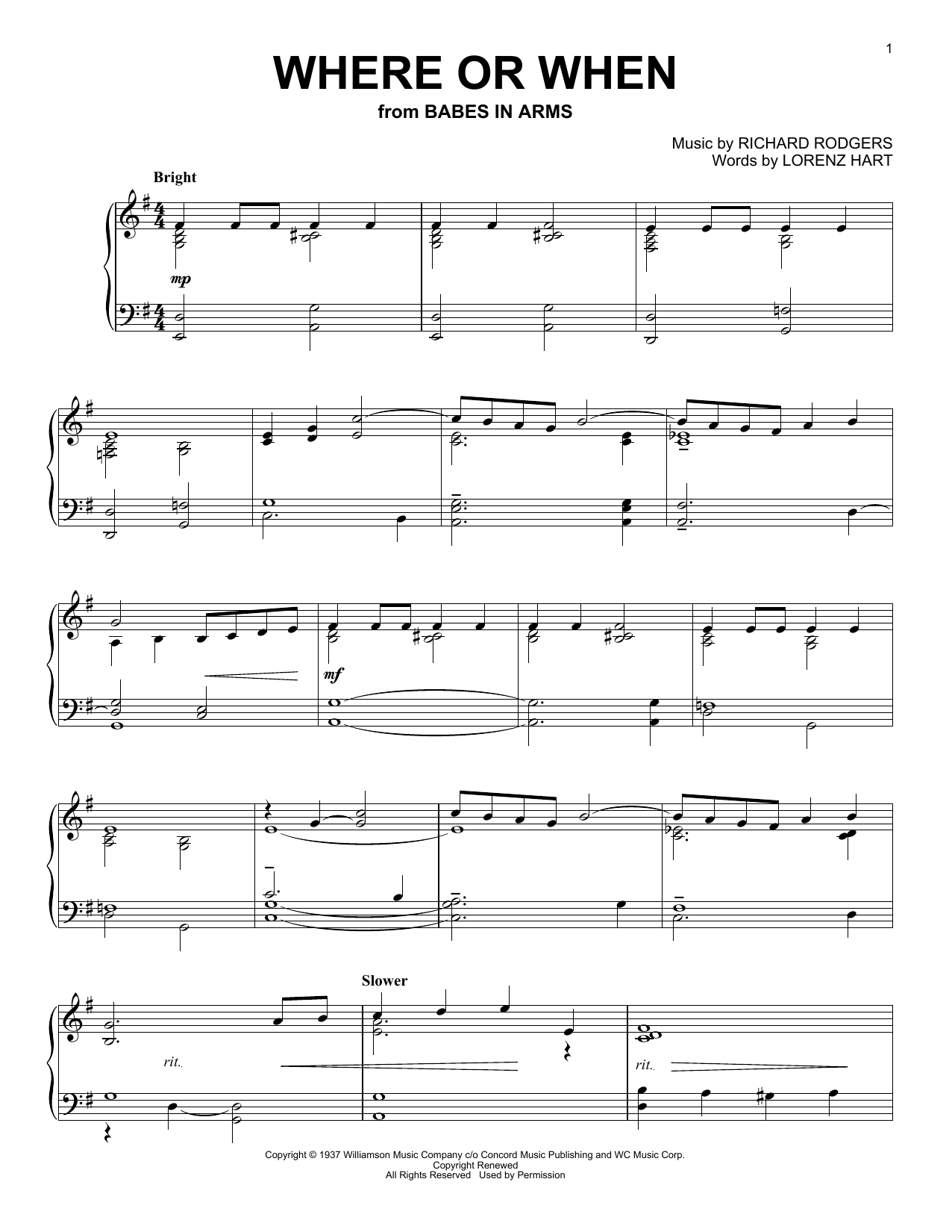 Dion & The Belmonts Where Or When (from Babes In Arms) sheet music, chords, lyrics - Printable PDF for Piano Solo