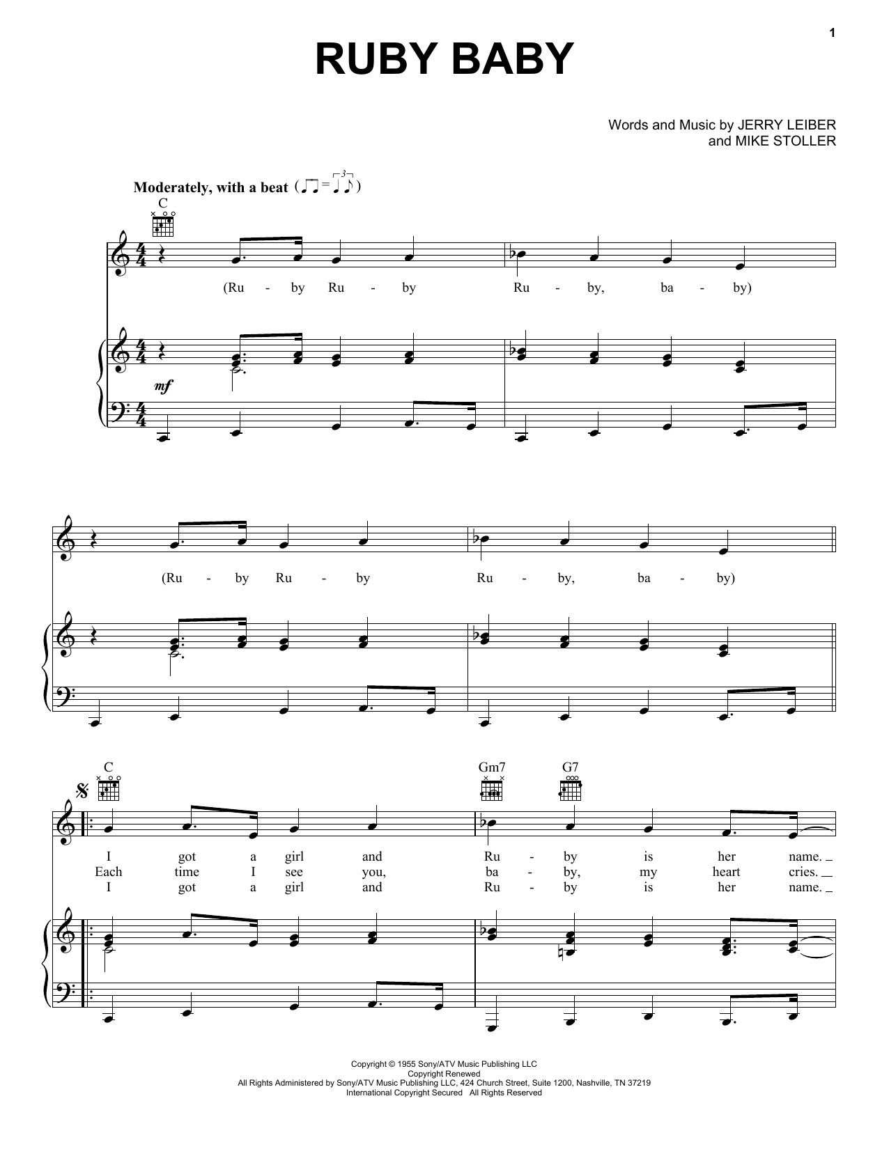Dion Ruby Baby sheet music preview music notes and score for Piano, Vocal & Guitar (Right-Hand Melody) including 3 page(s)
