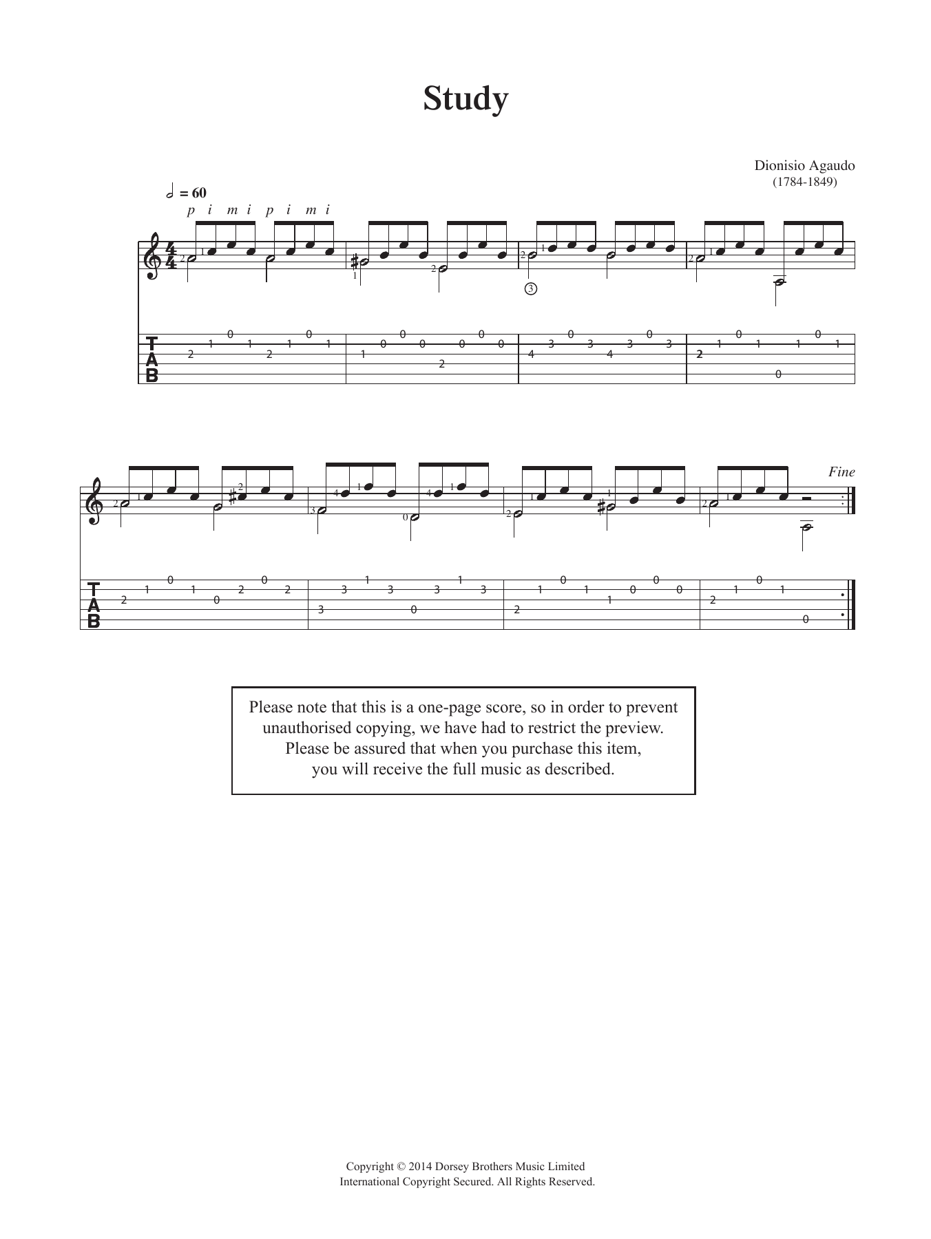 Dionisio Aguado Study sheet music preview music notes and score for Guitar including 2 page(s)