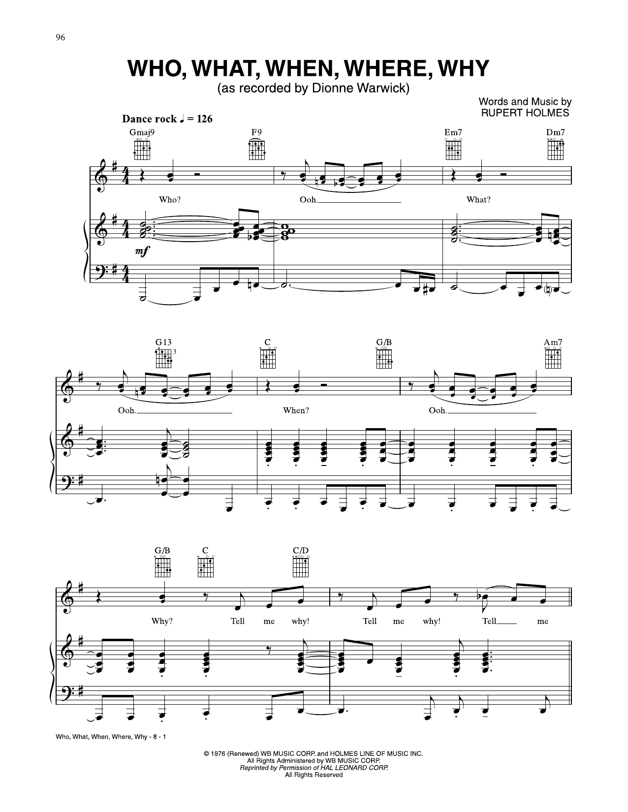 Dionne Warwick Who, What, When, Where, Why sheet music, chords, lyrics - Printable PDF for Piano, Vocal & Guitar Chords (Right-Hand Melody)