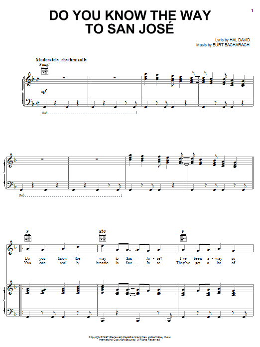 Learn to play Dionne Warwick Do You Know The Way To San Jose sheet music for Piano, Vocal & Guitar (Right-Hand Melody) in minutes. Dionne Warwick Do You Know The Way To San Jose sheet music notes and chords