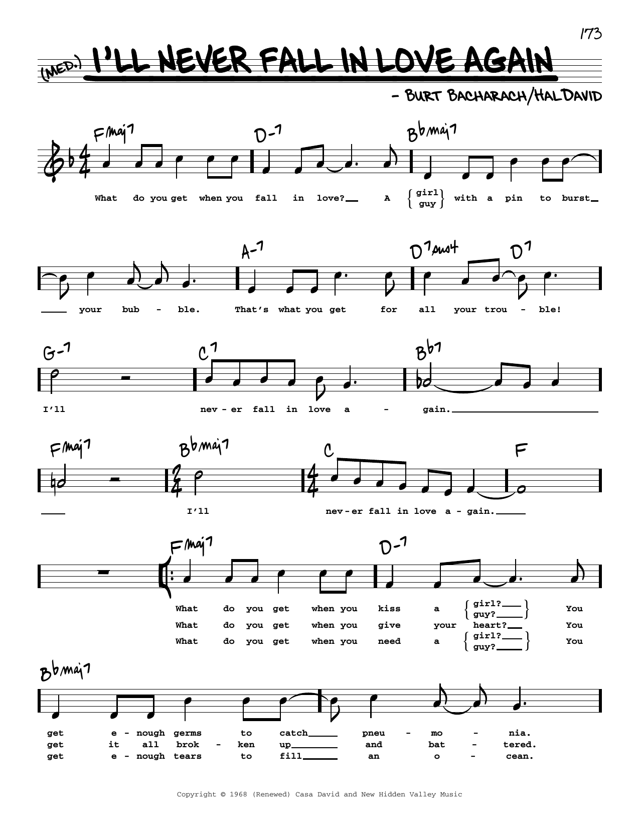 Learn to play Dionne Warwick I'll Never Fall In Love Again (High Voice) (from Promises, Promises) sheet music for Real Book – Melody, Lyrics & Chords in minutes. Dionne Warwick I'll Never Fall In Love Again (High Voice) (from Promises, Promises) sheet music preview music notes and score for Real Book – Melody, Lyrics & Chords including 3 page(s)