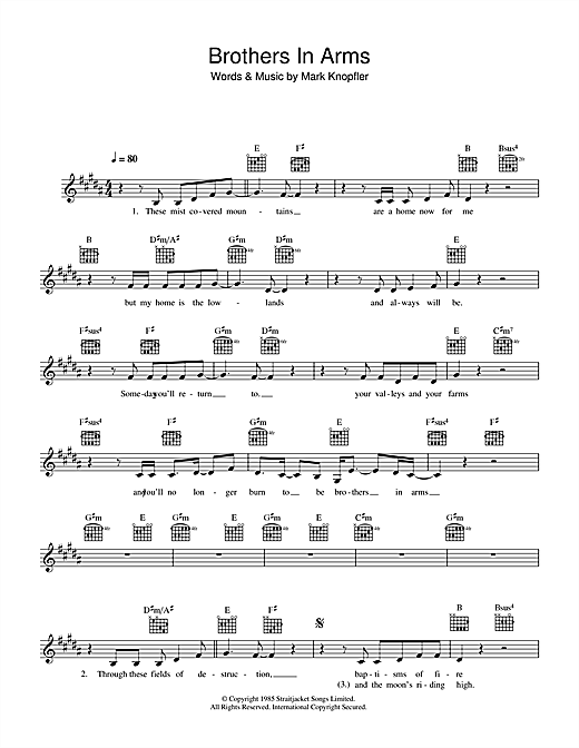 Learn to play Dire Straits Brothers In Arms sheet music for Piano, Vocal & Guitar (Right-Hand Melody) in minutes. Dire Straits Brothers In Arms sheet music notes and chords