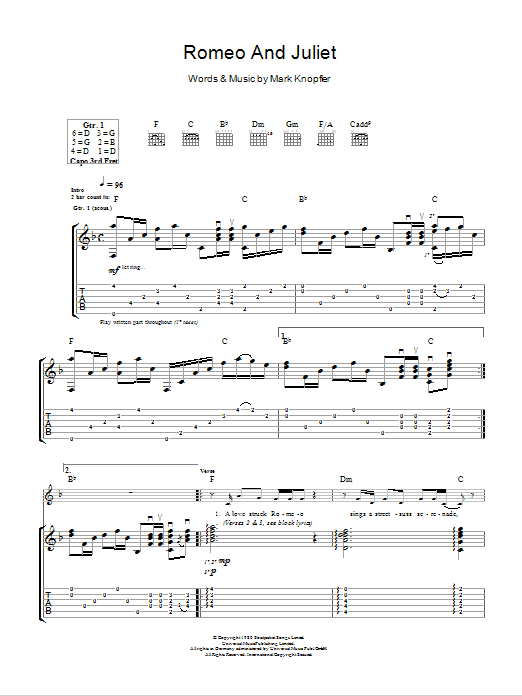 Dire Straits Romeo And Juliet Sheet Music Download Printable Pdf Rock Music Score For Guitar Chords Lyrics 47688