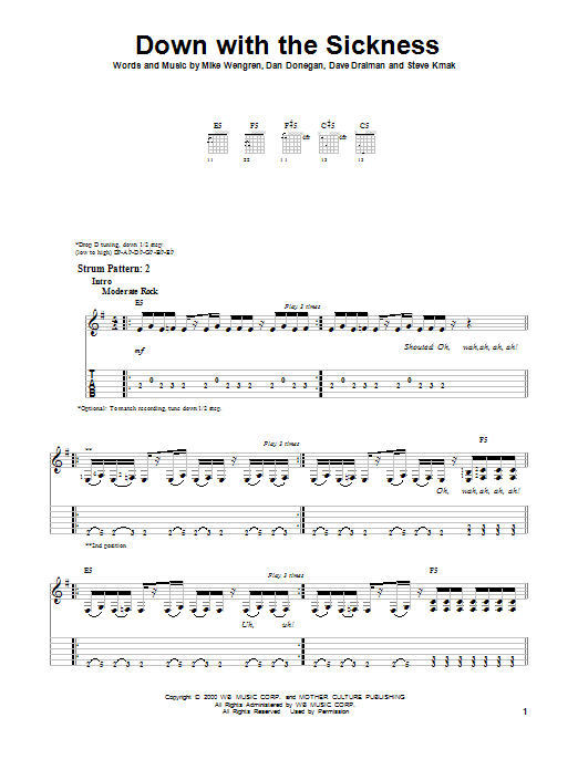 Learn to play Disturbed Down With The Sickness sheet music for Piano, Vocal & Guitar (Right-Hand Melody) in minutes. Disturbed Down With The Sickness sheet music preview music notes and score for Piano, Vocal & Guitar (Right-Hand Melody) including 7 page(s)