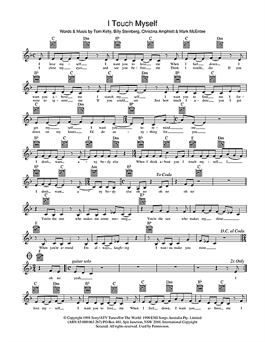 Learn to play Divinyls I Touch Myself sheet music for Melody Line, Lyrics & Chords in minutes. Divinyls I Touch Myself sheet music preview music notes and score for Melody Line, Lyrics & Chords including 2 page(s)