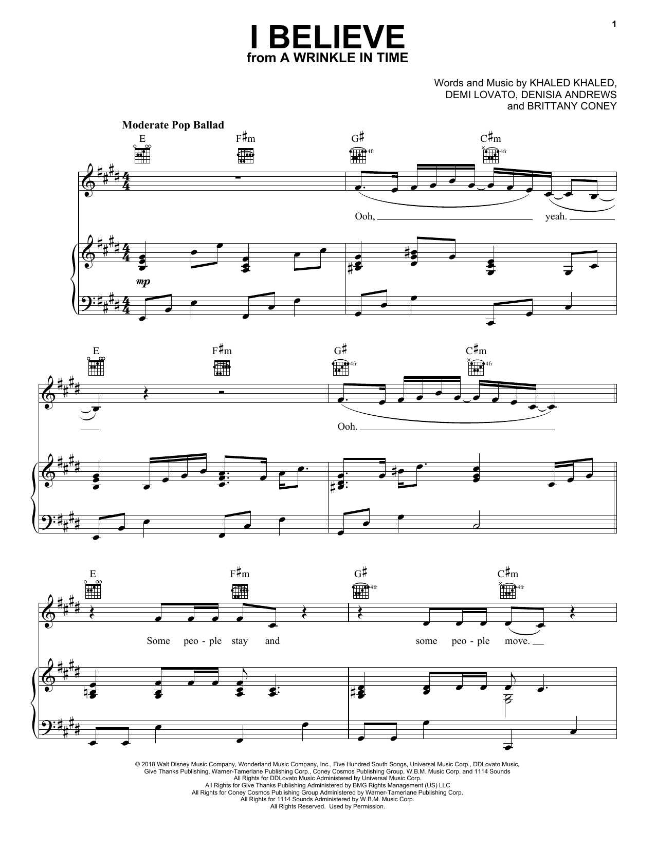Dj Khaled And Demi Lovato I Believe Sheet Music Notes Download Pdf Film Tv Score Piano Vocal Guitar Right Hand Melody