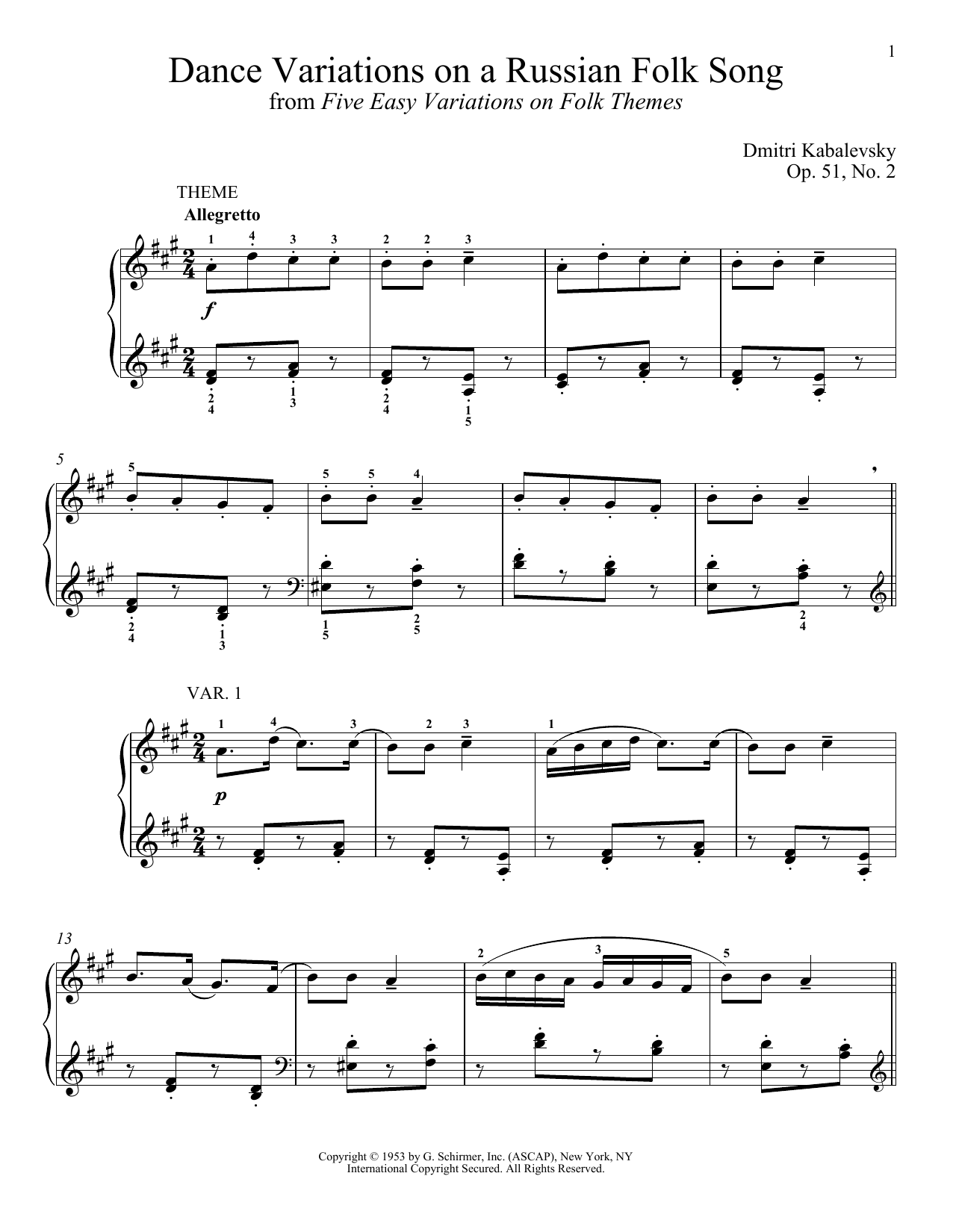 Dmitri Kabalevsky Dance Variations On A Russian Folk Song, Op. 51, No. 2 sheet music, chords, lyrics - Printable PDF for Piano