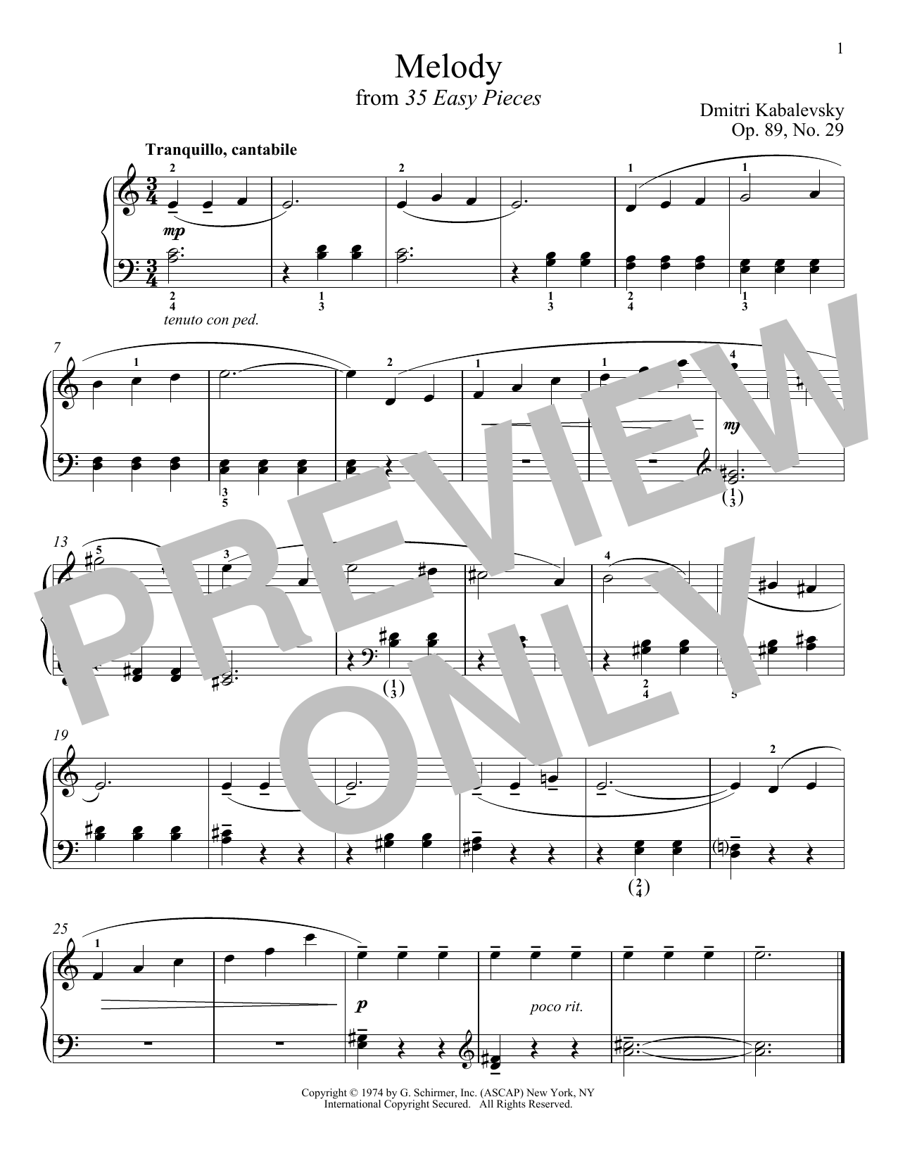 Dmitri Kabalevsky Melody, Op. 89, No. 29 sheet music, chords, lyrics - Printable PDF for Piano