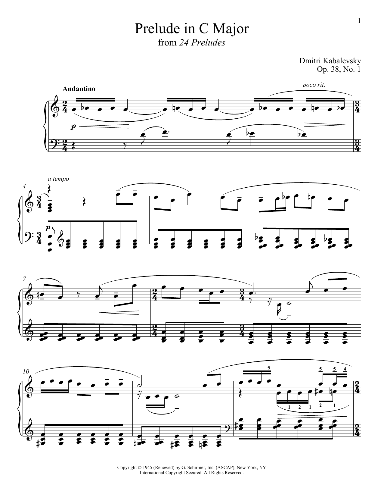 Dmitri Kabalevsky Prelude In C Major, Op. 38, No. 1 sheet music, chords, lyrics - Printable PDF for Piano