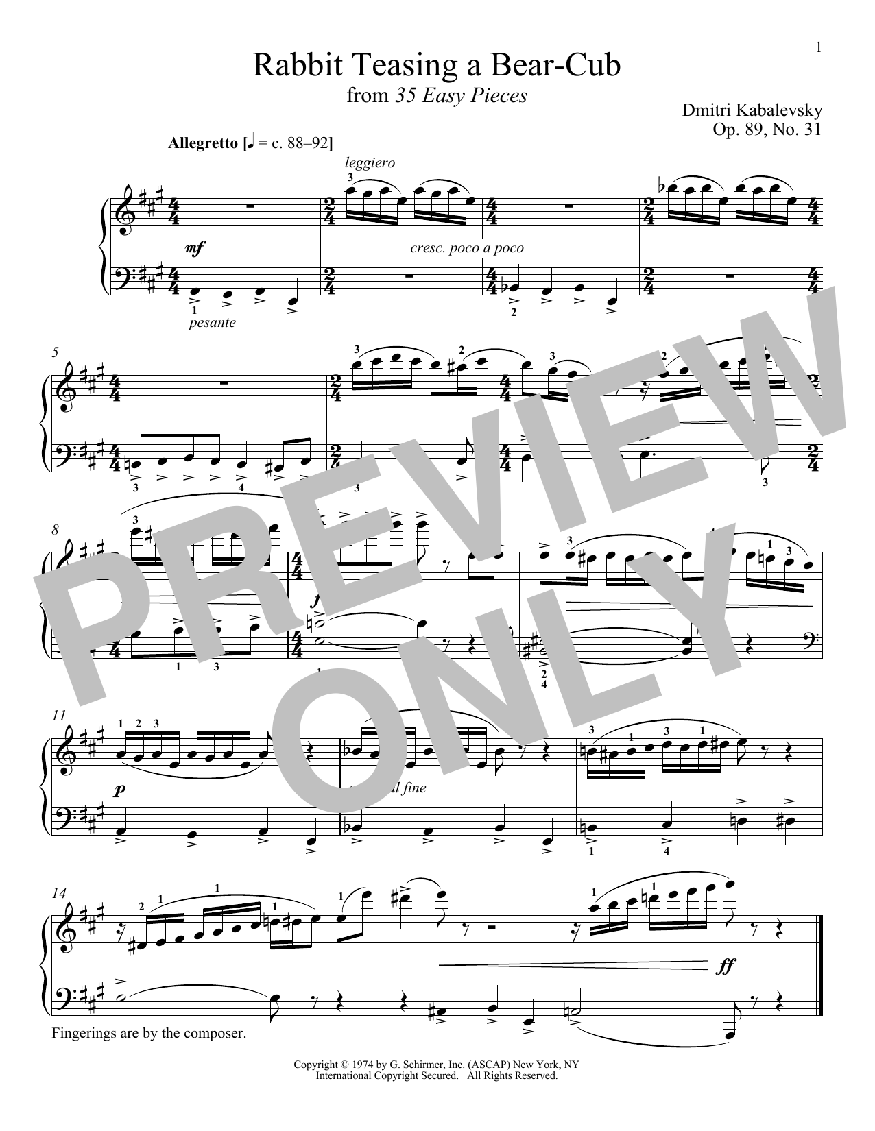 Dmitri Kabalevsky Rabbit Teasing A Bear-Cub, Op. 89, No. 31 sheet music, chords, lyrics - Printable PDF for Piano