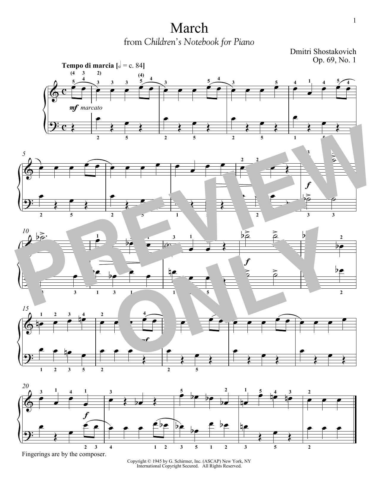 Dmitri Shostakovich March, Op. 69, No. 1 sheet music, chords, lyrics - Printable PDF for Piano