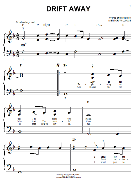 Learn to play Dobie Gray Drift Away sheet music for Easy Guitar Tab in minutes. Dobie Gray Drift Away sheet music preview music notes and score for Easy Guitar Tab including 4 page(s)