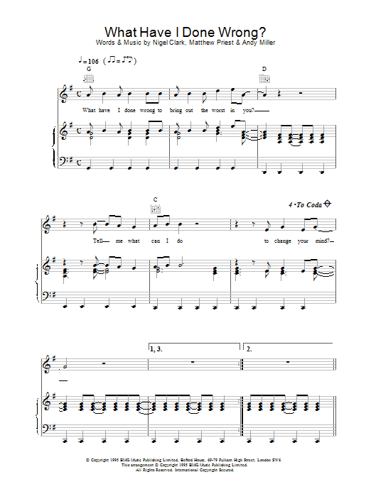 Download Dodgy What Have I Done Wrong sheet music notes and chords for Piano, Vocal & Guitar (Right-Hand Melody) - Download Printable PDF and start playing in minutes.