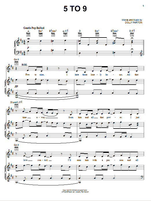 Learn to play Dolly Parton 5 To 9 sheet music for Piano, Vocal & Guitar (Right-Hand Melody) in minutes. Dolly Parton 5 To 9 sheet music notes and chords