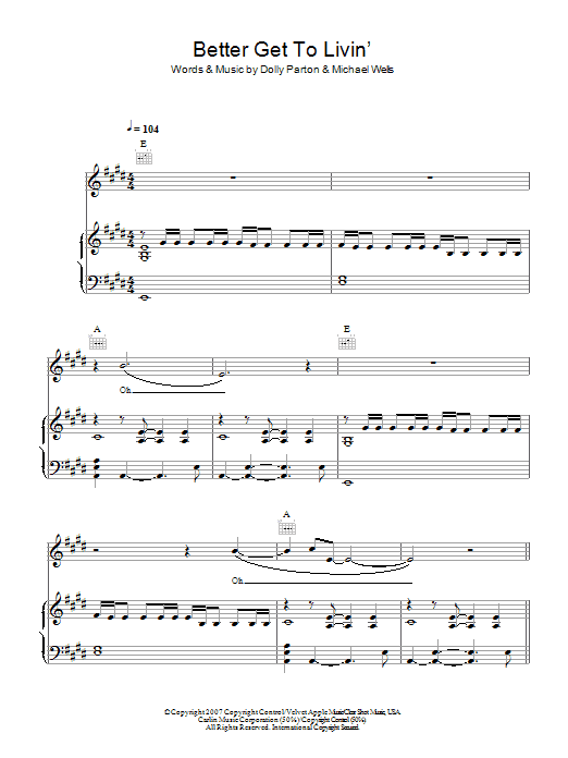 Learn to play Dolly Parton Better Get To Livin' sheet music for Piano, Vocal & Guitar in minutes. Dolly Parton Better Get To Livin' sheet music preview music notes and score for Piano, Vocal & Guitar including 6 page(s)
