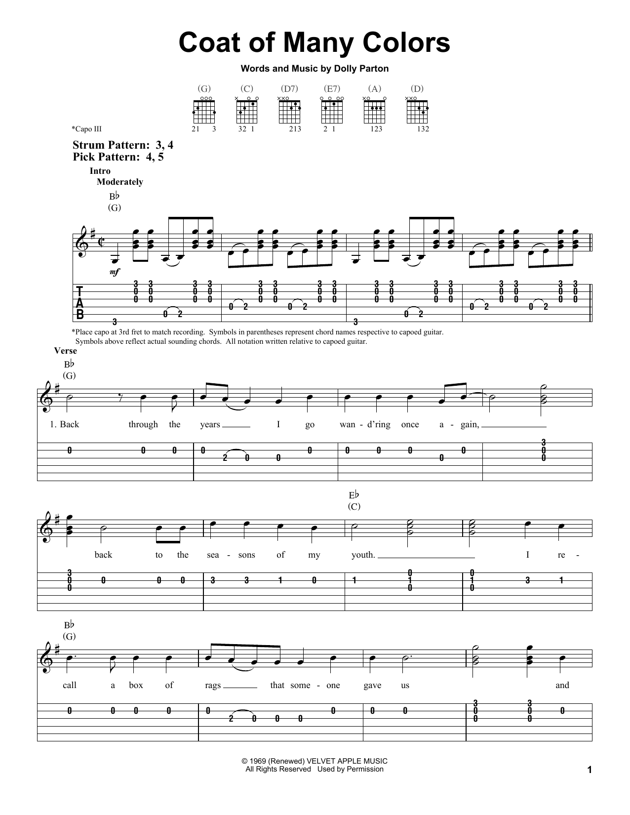 Learn to play Dolly Parton Coat Of Many Colors sheet music for Easy Guitar Tab in minutes. Dolly Parton Coat Of Many Colors sheet music preview music notes and score for Easy Guitar Tab including 5 page(s)