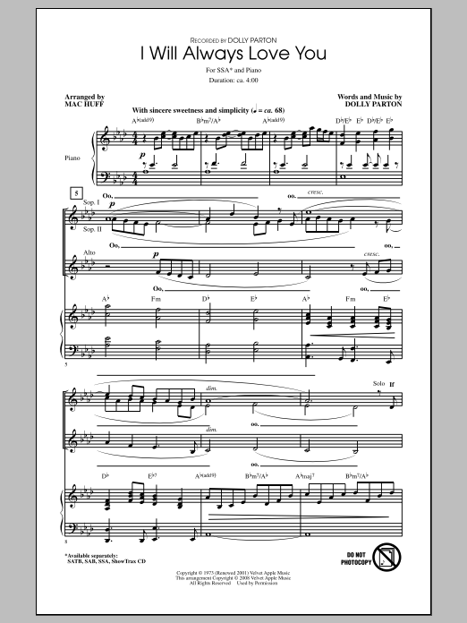Dolly Parton I Will Always Love You Arr Mac Huff Sheet Music Download Pdf Score