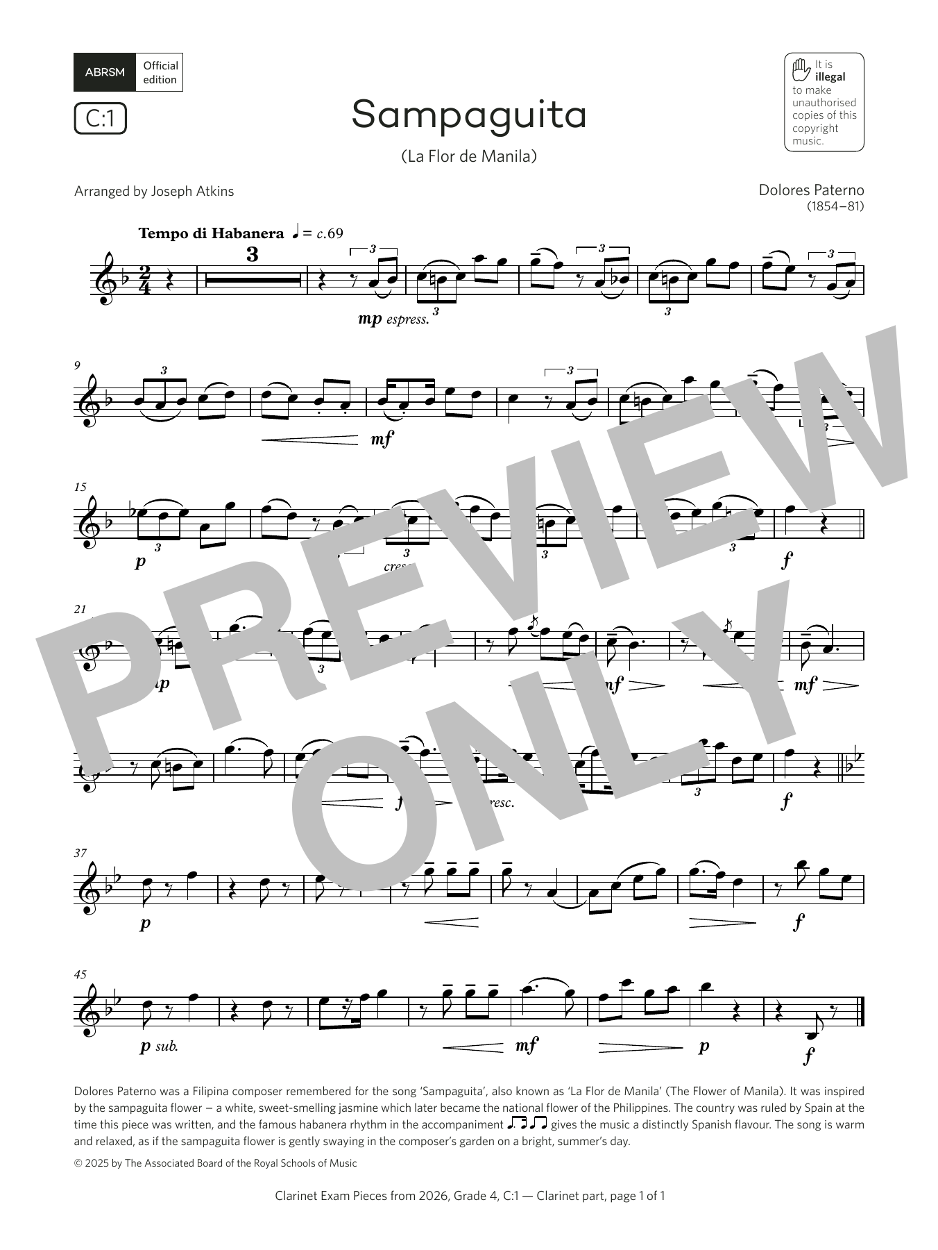 Dolores Paterno Sampaguita (Grade 4, list C1, from the ABRSM Clarinet Syllabus from 2026) sheet music, chords, lyrics - Printable PDF for Clarinet Solo