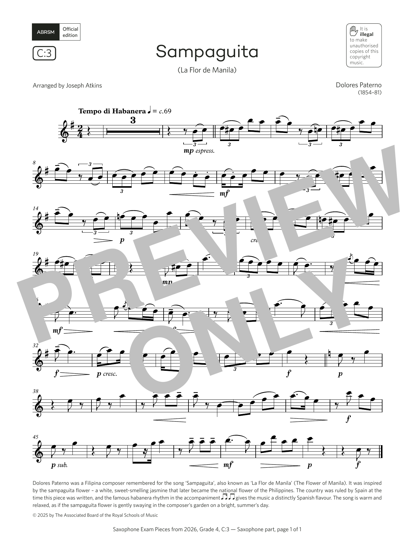 Dolores Paterno Sampaguita (Grade 4, list C3, from the ABRSM Saxophone Syllabus from 2026) sheet music, chords, lyrics - Printable PDF for Alto Sax Solo