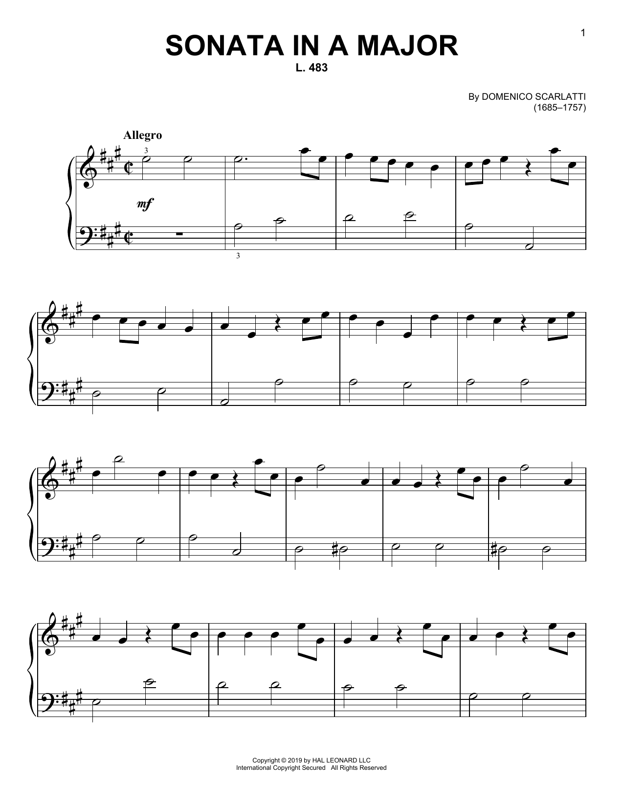 Domenico Scarlatti Sonata In A Major, L. 483 sheet music, chords, lyrics - Printable PDF for Piano Solo