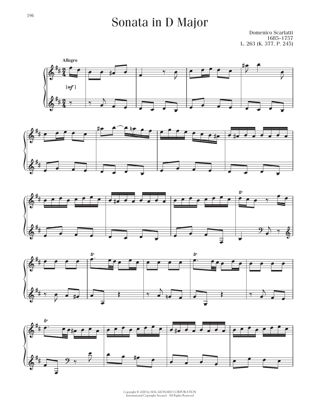 Domenico Scarlatti Sonata In D Major, K. 377 sheet music, chords, lyrics - Printable PDF for Piano Solo
