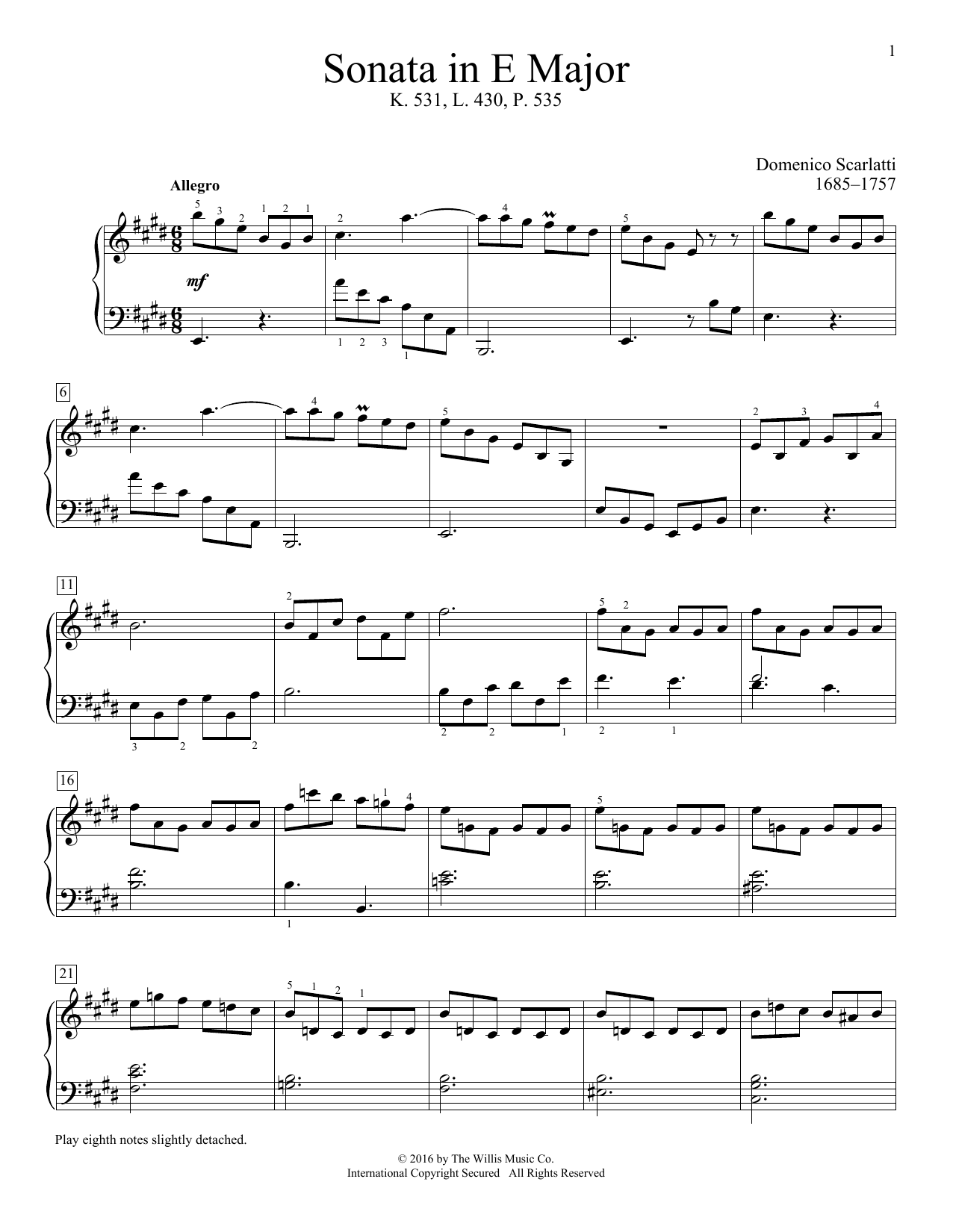 Domenico Scarlatti Sonata In E Major, K. 531, L. 430, P. 535 sheet music, chords, lyrics - Printable PDF for Educational Piano