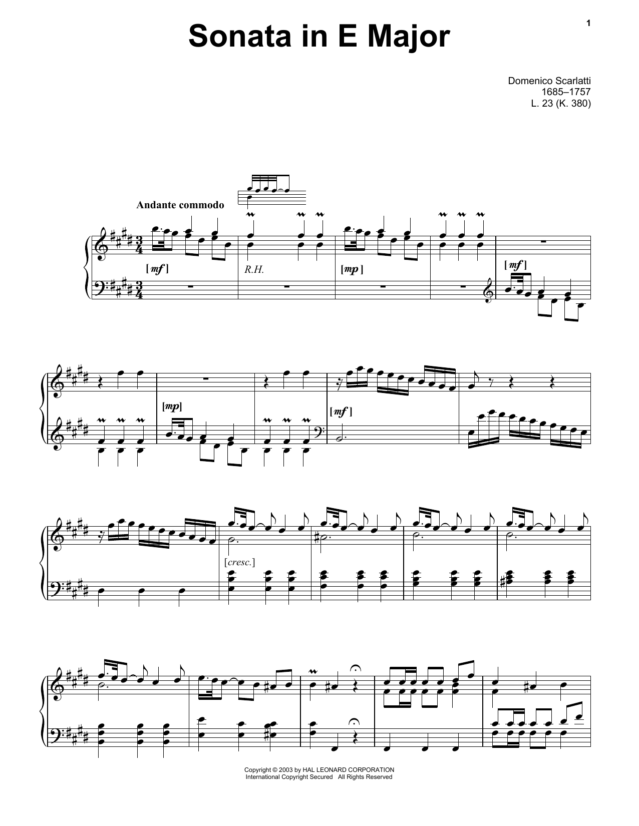 Domenico Scarlatti Sonata In E Major, L. 23 sheet music, chords, lyrics - Printable PDF for Piano Solo