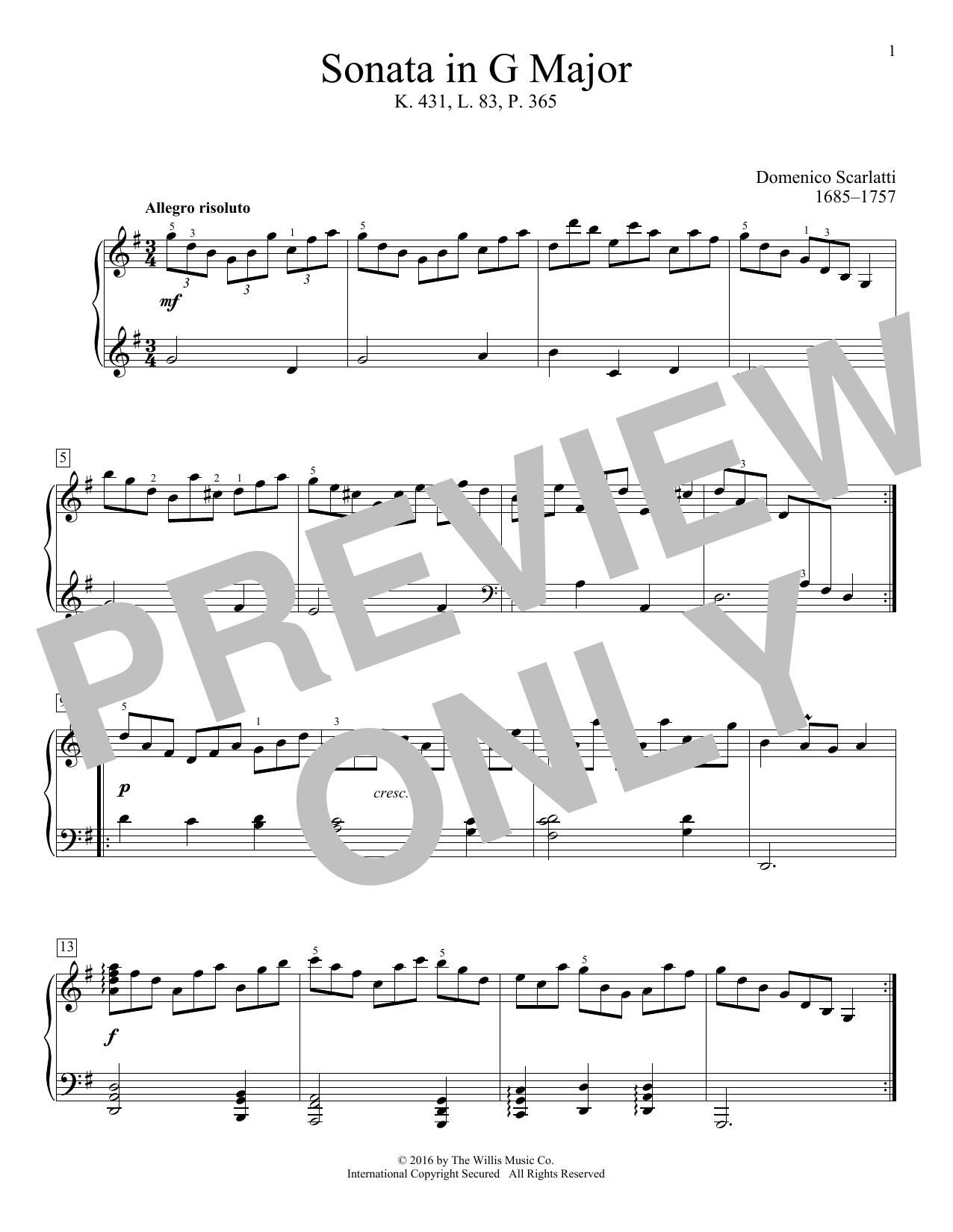 Domenico Scarlatti Sonata In G Major, K. 431, L. 83, P. 365 sheet music, chords, lyrics - Printable PDF for Educational Piano