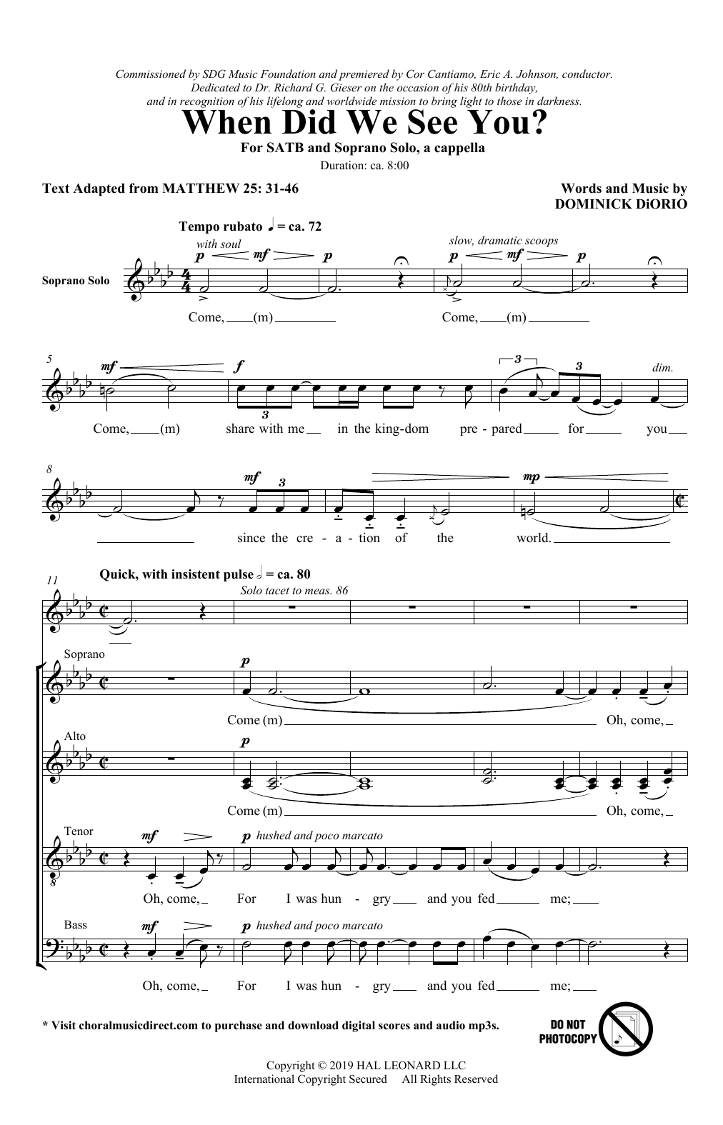 Dominick DiOrio When Did We See You? sheet music, chords, lyrics - Printable PDF for SATB Choir