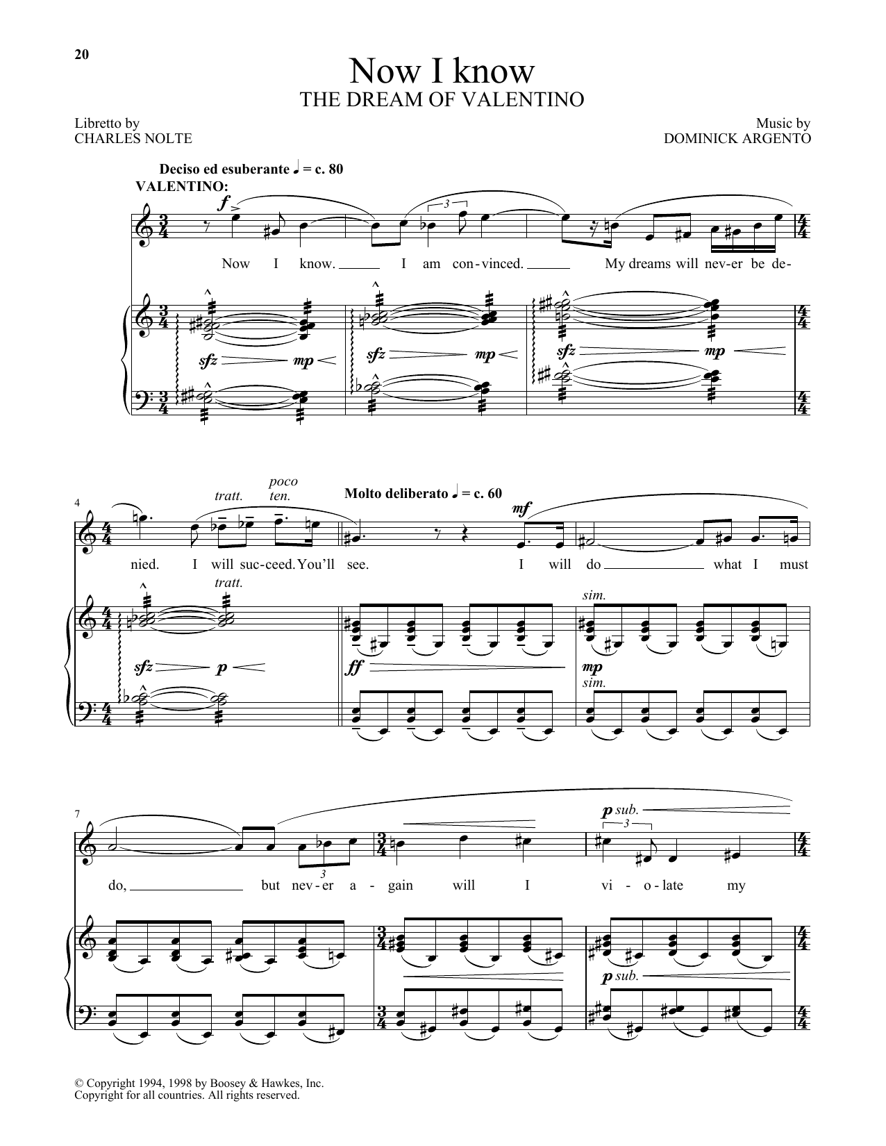 Dominick Argento Now I know (from The Dream Of Valentino) sheet music preview music notes and score for Piano & Vocal including 5 page(s)