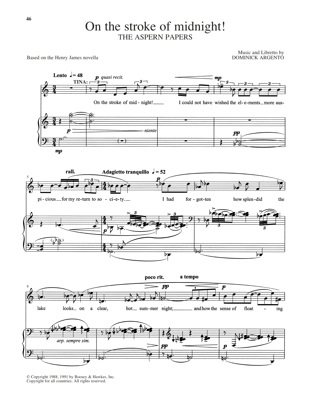 Dominick Argento On The Stroke Of Midnight! sheet music preview music notes and score for Piano & Vocal including 6 page(s)
