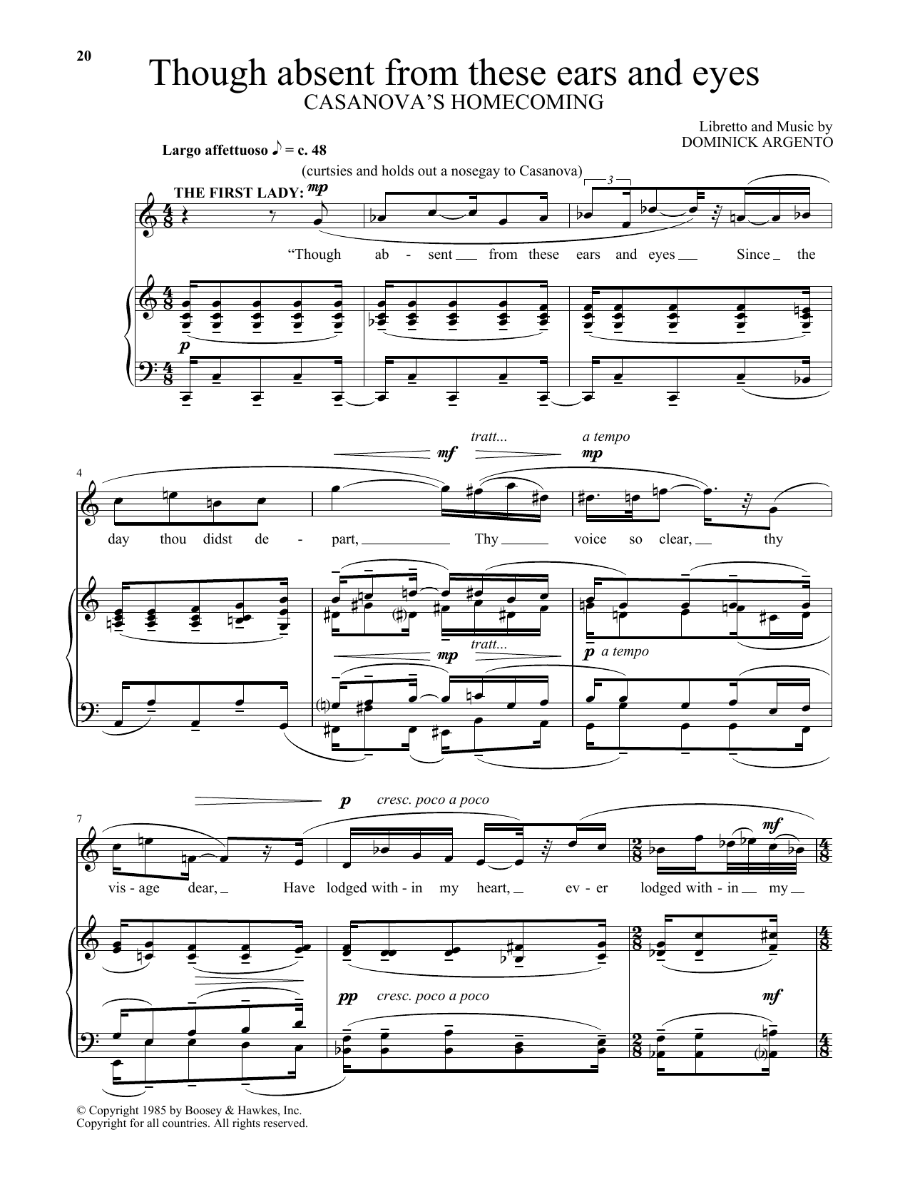 Dominick Argento Though absent from these ears and eyes (from Casanova's Homecoming) sheet music preview music notes and score for Piano & Vocal including 3 page(s)