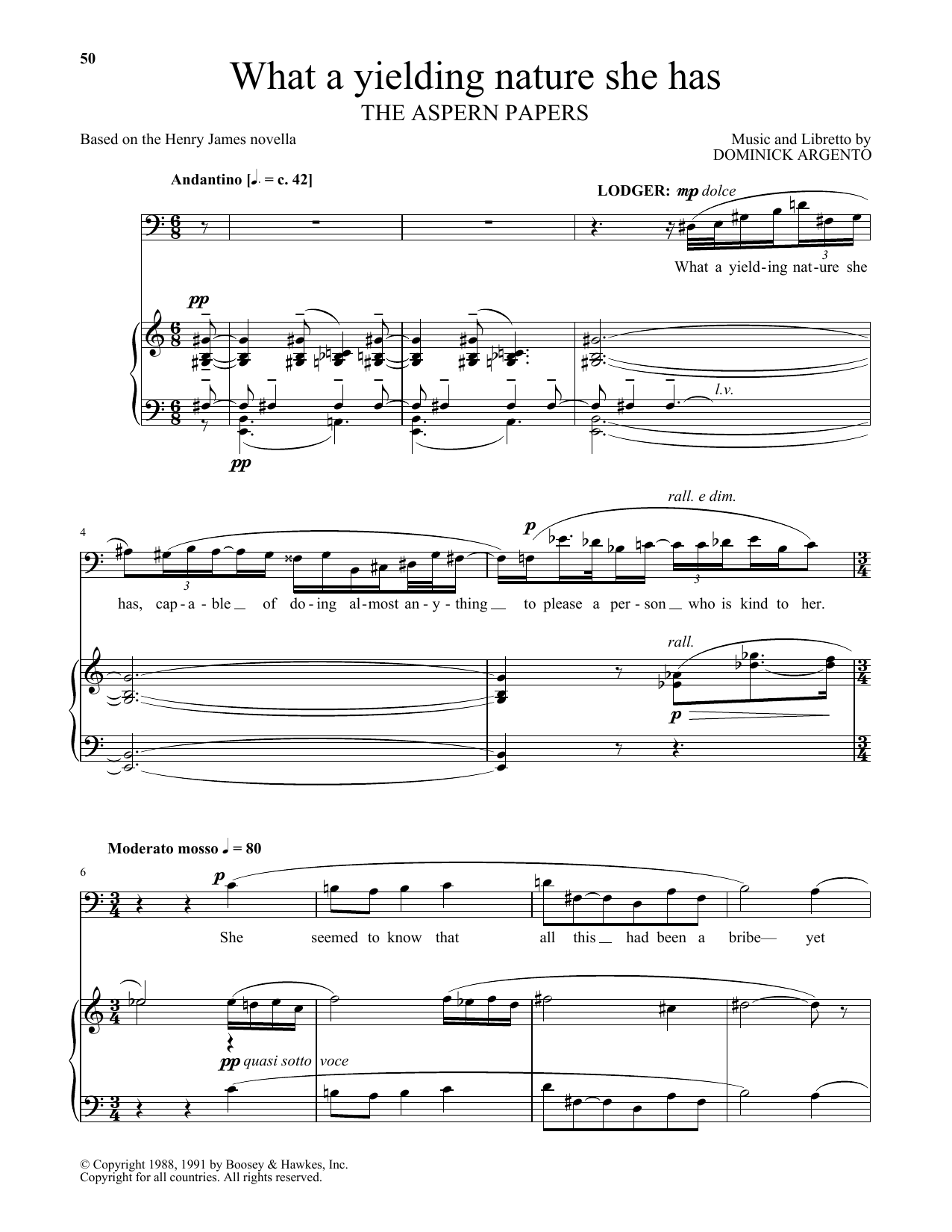 Dominick Argento What a yielding nature she has (from The Aspern Papers) sheet music preview music notes and score for Piano & Vocal including 4 page(s)